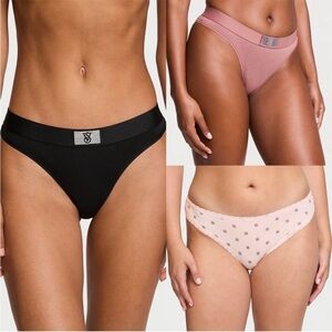 Victoria’s Secret Set of 4 Shine Logo Underwear Thongs Pink Black Size M NWT